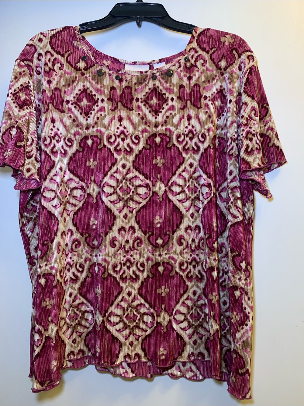 Alfred Dunner Purple and Cream Ikat-Style Short Sleeve Blouse